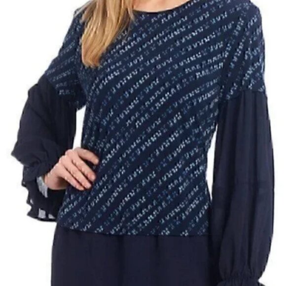Slim Factor by Investments Navy Print Long Sleeve Tunic Boho style Blouse XL - Picture 1 of 12